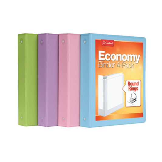 Cardinal 3 Ring Binders, Binders for School and Office, Durable 1.5 Inch, Round Rings, Holds 350 Sheets, ClearVue Presentation View, Non-Stick, Assorted Pastel Colors, 4 Pack (79552)