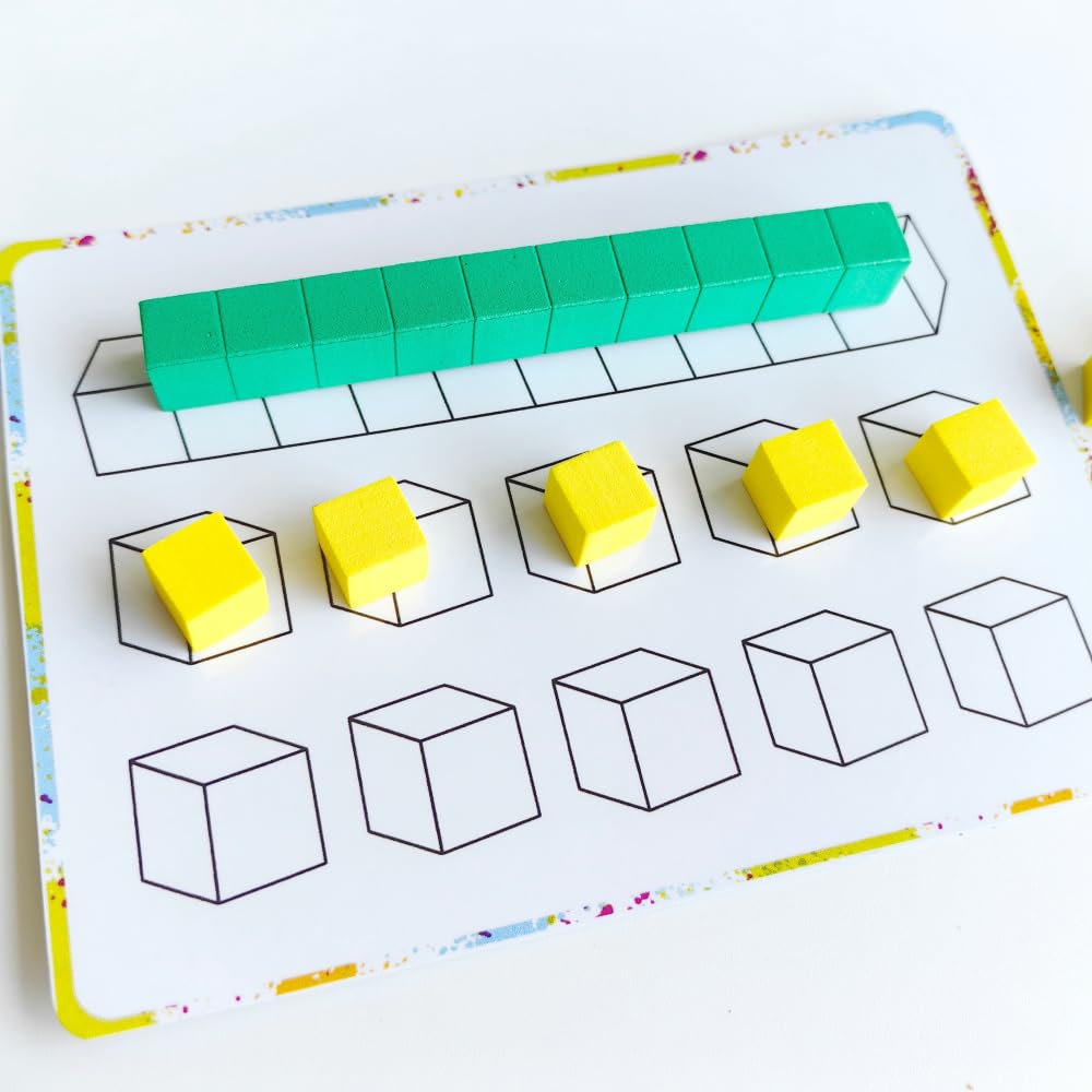 Math Task Boxes Set of 5 Math Manipulatives Themes 230+ Pieces of Number Rods, Base Ten Blocks, Ten Frame Disc Counters, Place Value Blocks, 0-9 Numbers, 3D Shapes, Activity Cards (Base Ten Blocks)