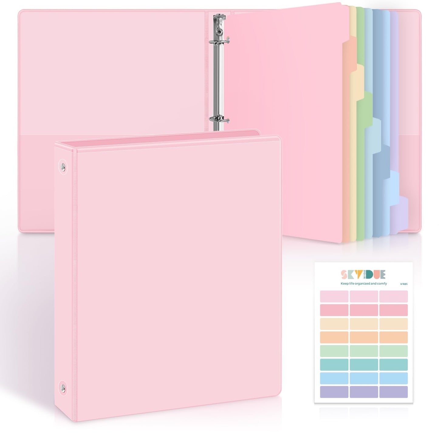 SKYDUE 1 Inch 3 Ring Binder with 8 Tab Dividers & 24 Labels, Pastel Binder Organizer for Letter Size Paper, Aesthetic School Binder for Notes, Documents, Office & Home Organization, Pink