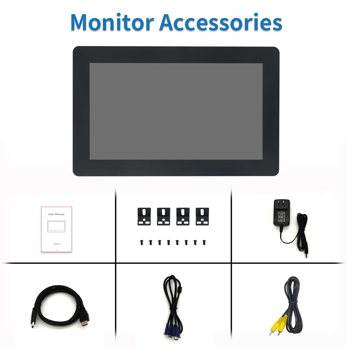 Qcvoruno 7 inch Touch Security Monitor & Displays, HD/BNC/AV/VGA/USB Input, 1024 * 600 Resolution, Built-in Dual Speakers Portable LCD Touch Monitor, Suitable for Game PC DVD DSLR CCTV