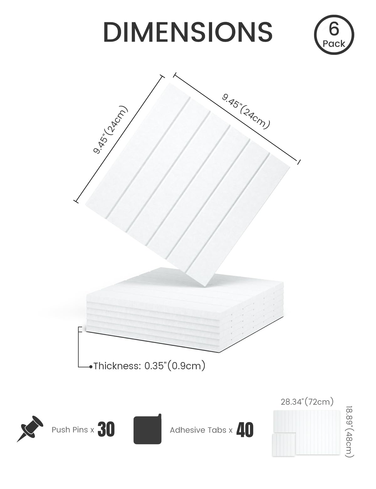 Felt Bulletin Board Tiles -28"x18" with 40 Adhesive Tabs, Cork Board Alternative for Office Decor, Push Pin Board Wall Organizer 6-Pack (Cold White)