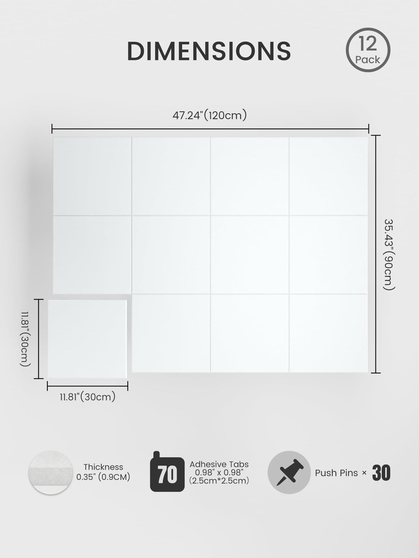 Bumusty Large Cork Board 48" x 36" Alternative - 12 Pack Felt Wall Tiles with 70 Safe Removable Adhesive Tabs, 30 Pushpins, Cork Boards for Walls Pin Board Bulletin Board Office Decor (Cold White)