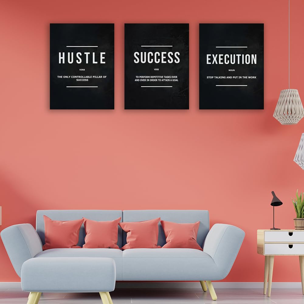 Halioyo Motivational Wall Art, 3 Pane Inspirational Canvas Prints with Positive Saying, Hustle Success Office Wall Decor for Living Room, Bedroom, Workspace, Ready to Hang(12x16 inch)