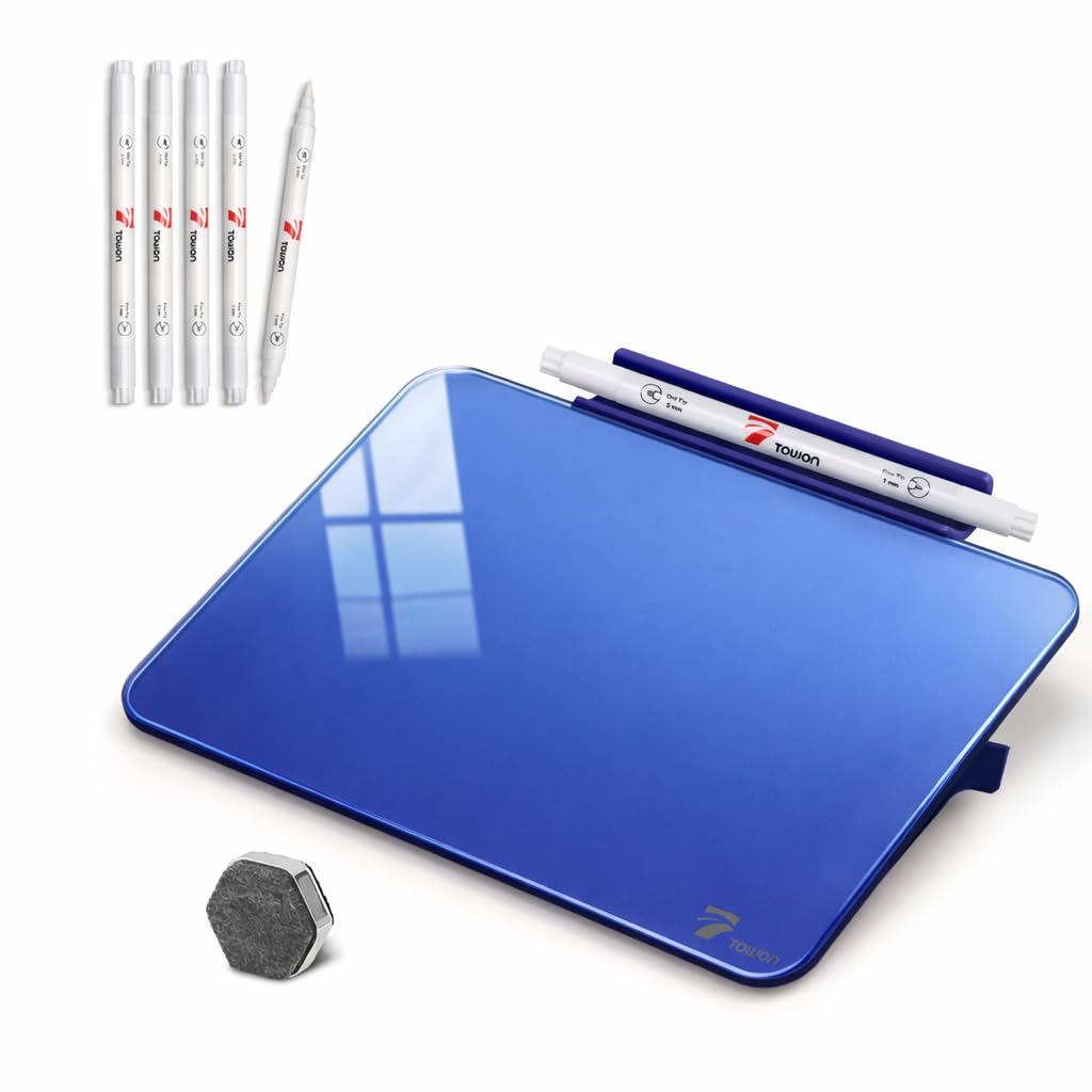 TOWON Navy Blue Glossy Mini Desktop Glass Whiteboard, 8 x 6 in Small Dry Erase Board for Desk with Pen Holder, Pure Glass Writing Surface with Accessories for Executive Office & Aesthetic Home Décor