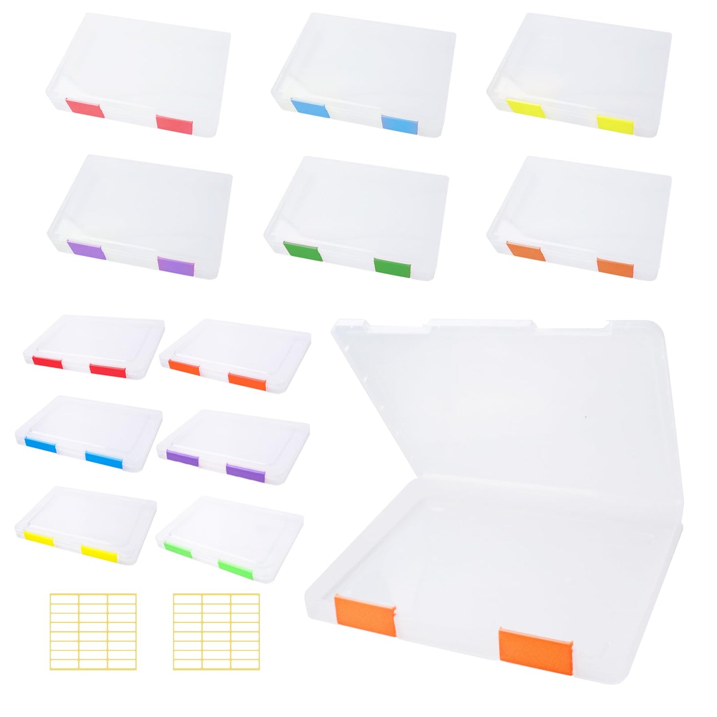 Olutacot 12 Pcs Clear A4 A5 File Box Document Plastic Storage Box with 48 Labels File Holder Organizer Paper Plastic Case Magazine Protector with Buckle Office School Supplies