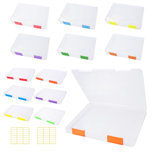 Olutacot 12 Pcs Clear A4 A5 File Box Document Plastic Storage Box with 48 Labels File Holder Organizer Paper Plastic Case Magazine Protector with Buckle Office School Supplies