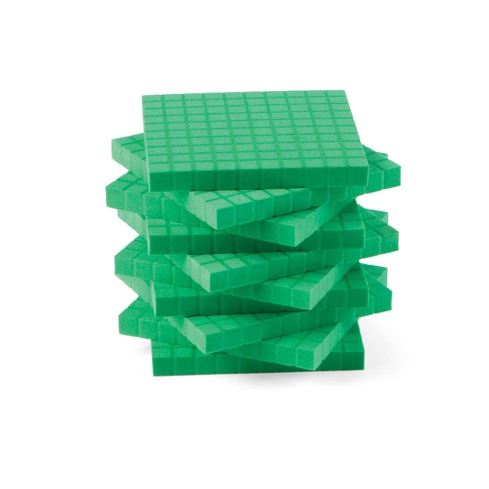 hand2mind Green Foam Base Ten Blocks, Flats Set, Place Value Blocks, Counting Cubes for Kids Math, Base 10 Math Manipulatives for Kids, Kindergarten Homeschool Supplies (Set of 10)
