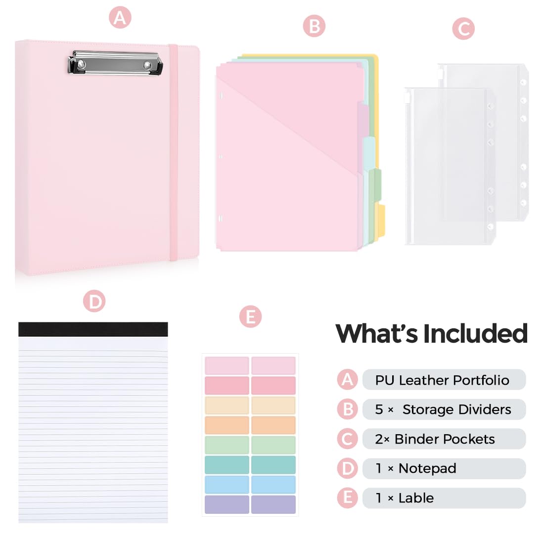 SKYDUE Small 3 Ring Binder with Clipboard, 8" × 10" PU Mini 1 Inch Binder with Notepad, 5 Dividers, and Labels, Clipboard Folder Great for School Office(Fit Half Letter Sized Paper)