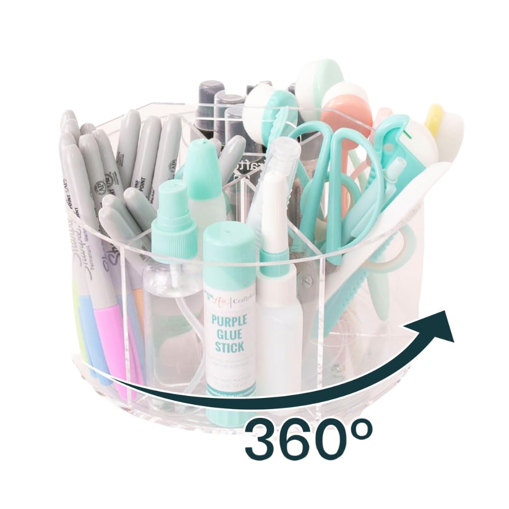 Craftelier - Pen Holder for Desk, Clear Acrylic 360 Degree Spinning Organizer With 6 Storage Slots with Carry Handle and 7.87" (20 cm) Diameter, Ideal for Home, School & Office Supplies