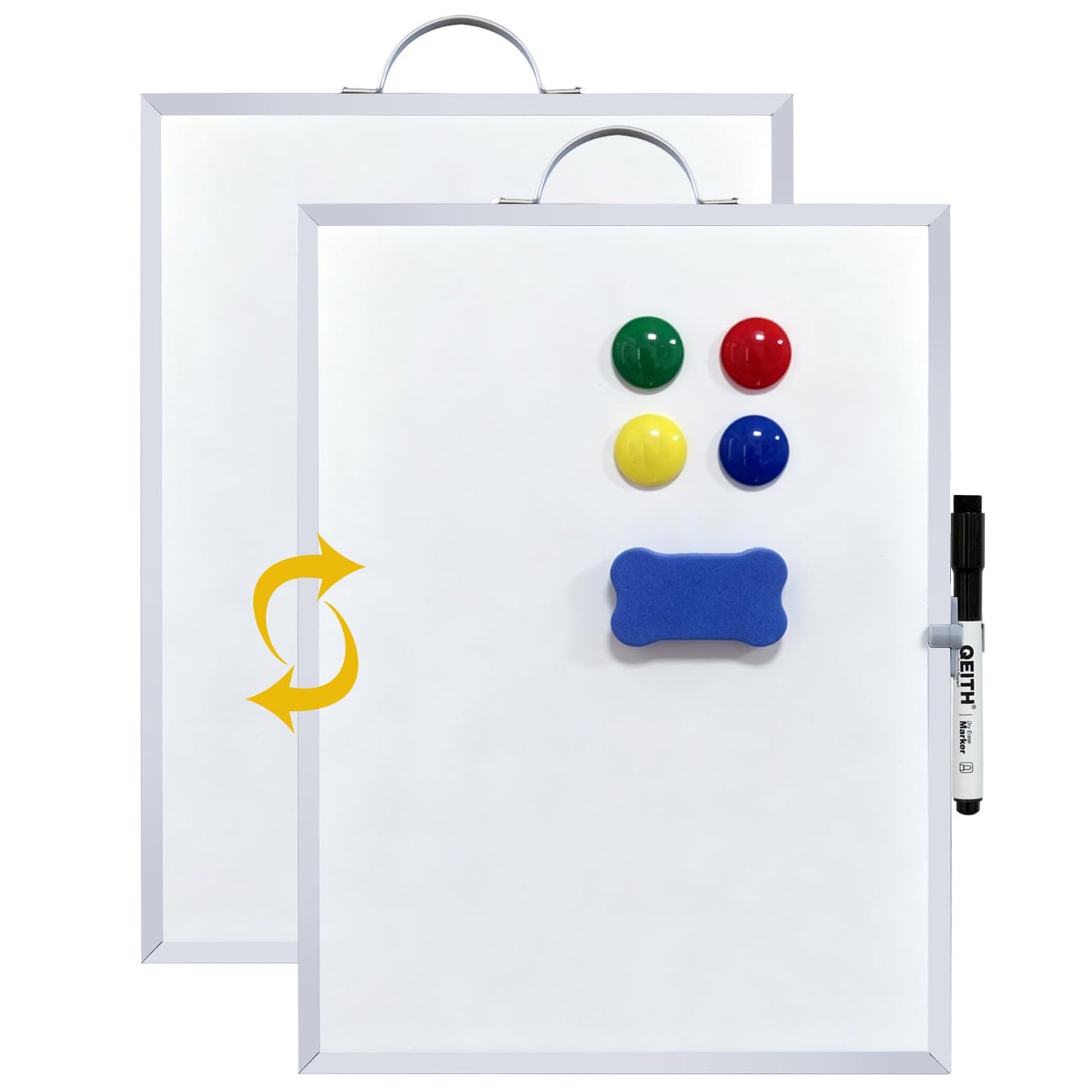 Small White Board,16"X12"Portable Aluminum Frame Whiteboard, Magnetic Double Sided Dry Erase Board, with A Handle and Side Pen Clip,for Office, Home,School,Includ 4 Magnets,1 Eraser,1 Marker (Silver)
