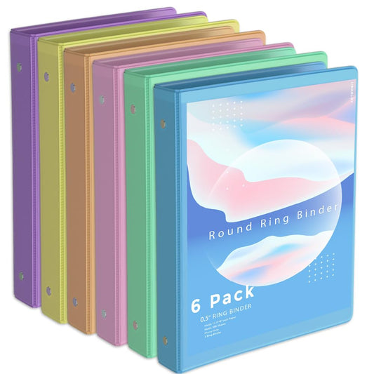 0.5 Inch 3 Ring Binder, Round Ring,with 2 Interior Pockets,Holds 150 Sheets Letter Size Paper,PVC Free, Assorted Colors 6 Pack