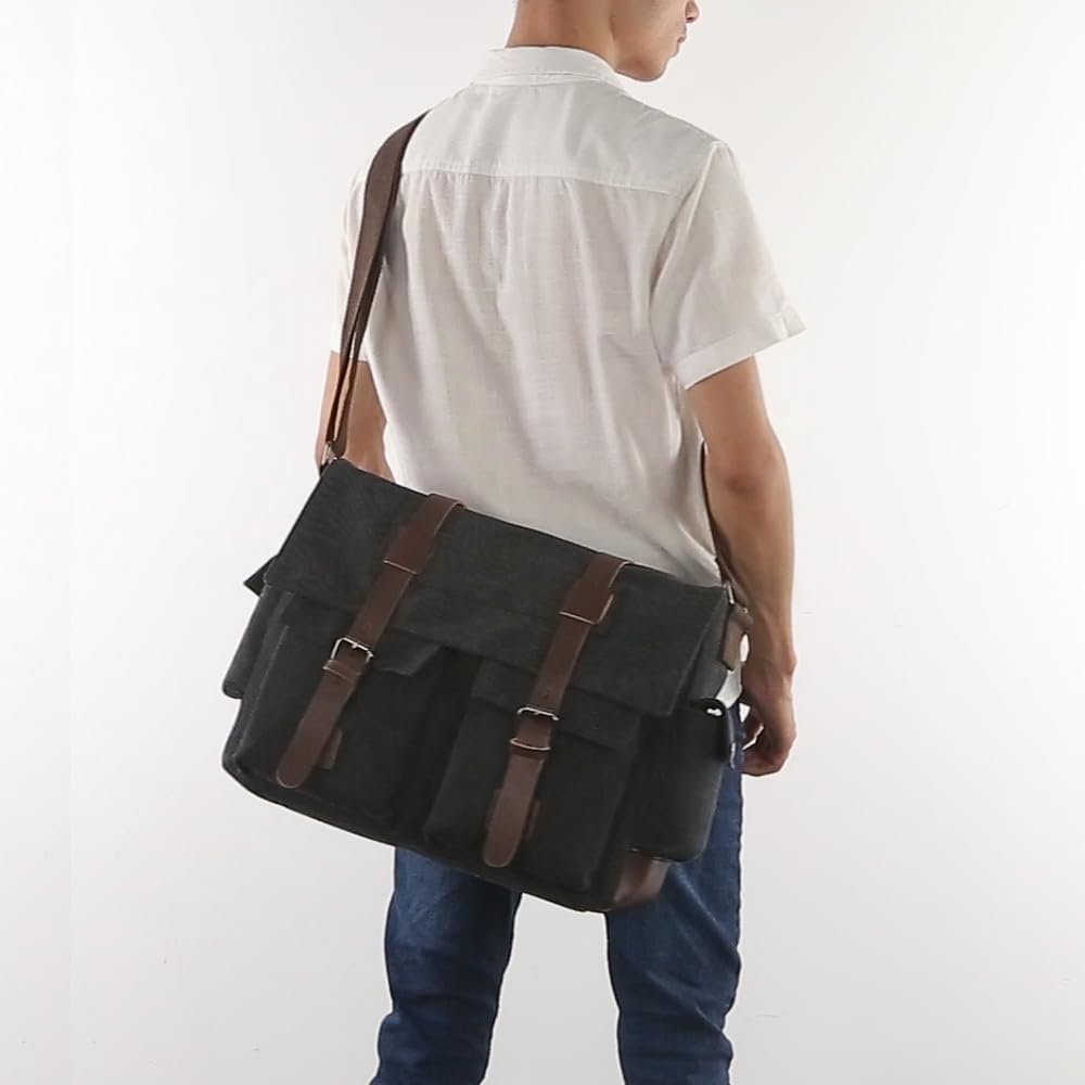viatra Canvas Leather Messenger Bag for Men and Women, Vintage Crossbody Shoulder Bag, Fits up to 17.3 In Laptop (Brown)