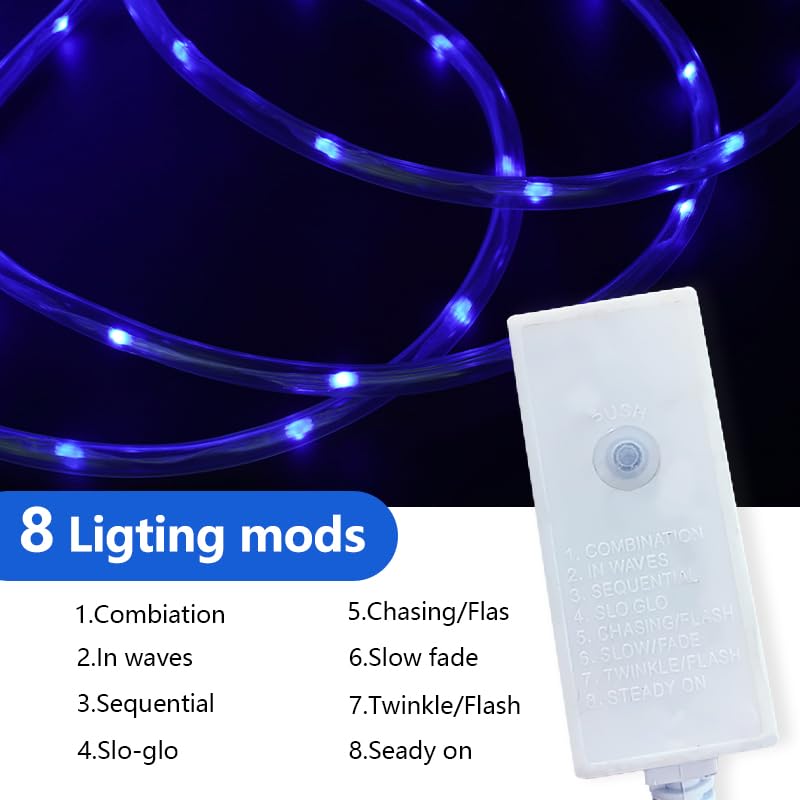 Outdoor Basic 50Ft LED Rope Lights, 360 LEDs Waterproof, 8 Modes, Flexible Blue Lighting for Indoor/Outdoor Use, Model PWBLS-LI123