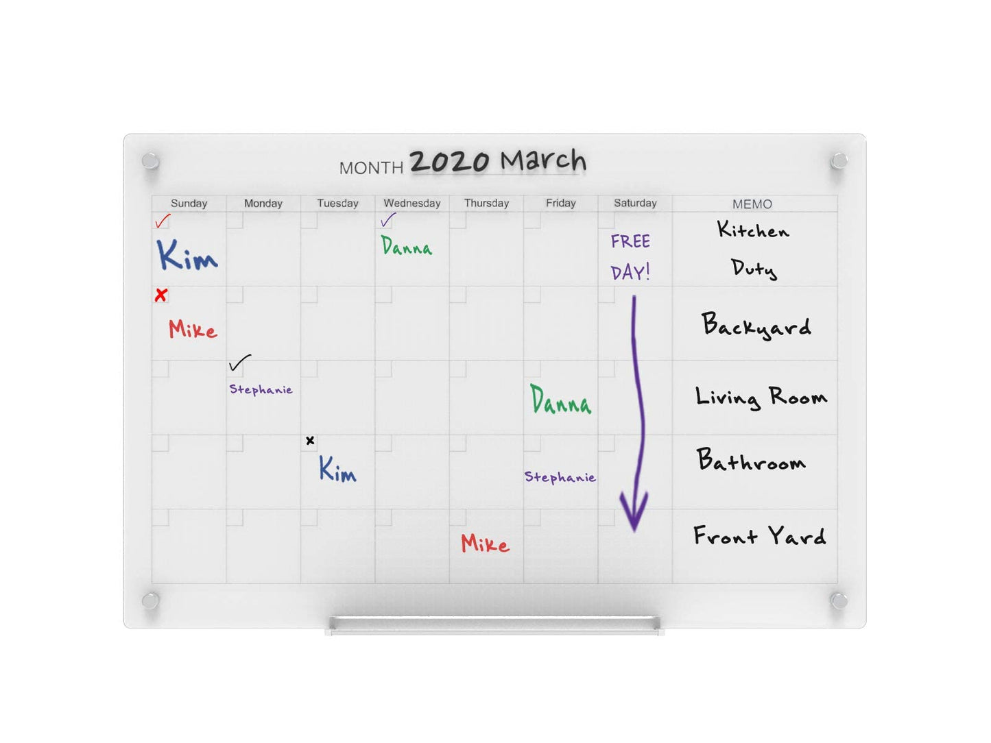Audio-Visual Direct Magnetic Glass Dry Erase Board Set (3' x 2', Calendar Ultra White) for Wall - Monthly Planner