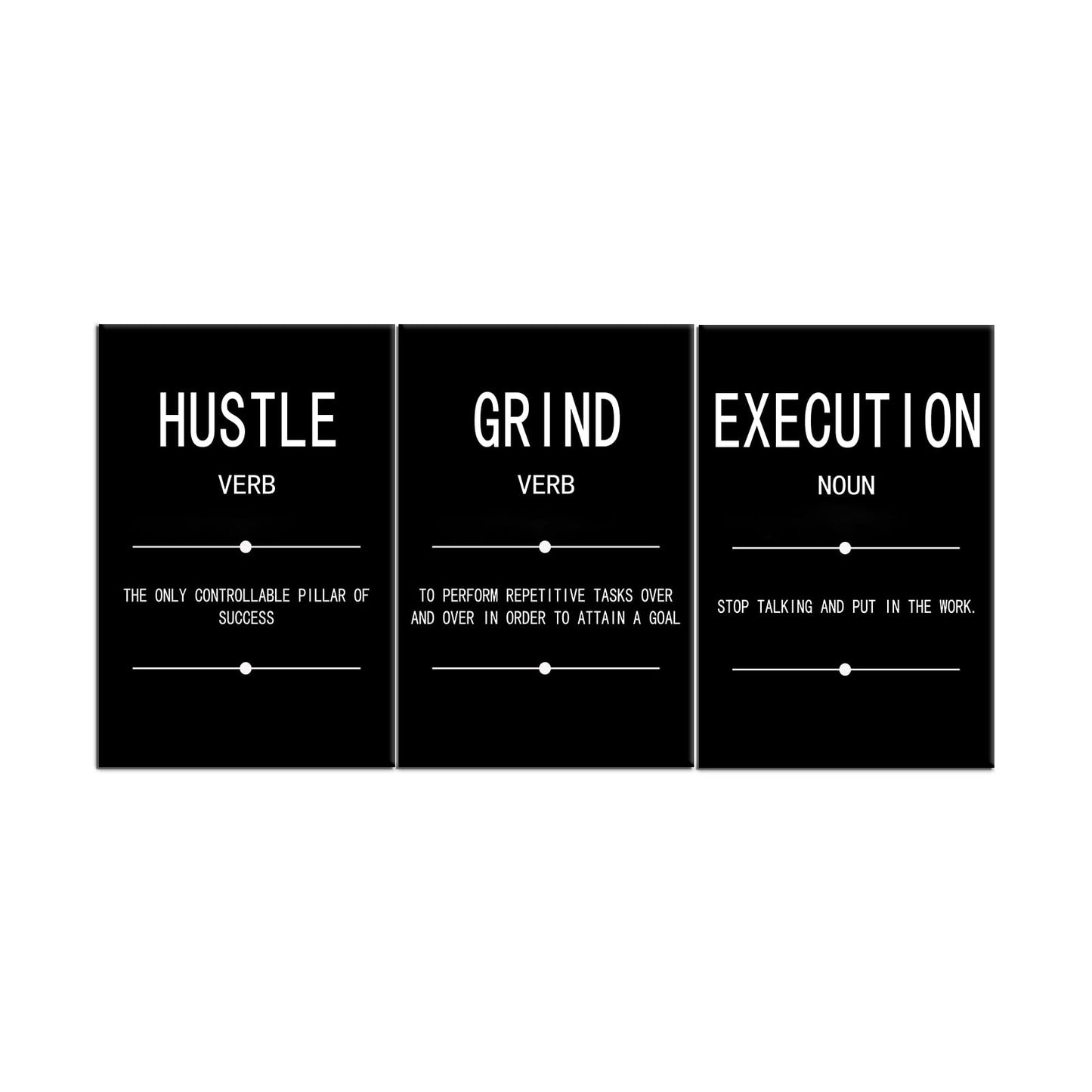 Motivational Wall Art Grind Hustle Execution Noun Poster Inspirational Quotes Painting 3 Pieces Canvas Print Office Decor Inspiring Framed for Wall Art Decoration Ready to Hang [72''Wx 36''H]