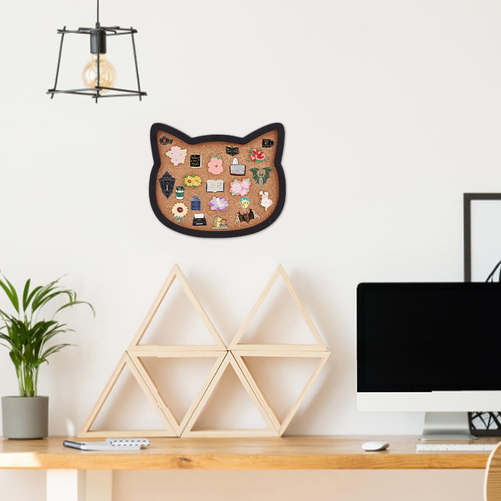 BENECREAT Cat Pin Board Cork Board, 7.8x6.7inch Bulletin Display Board Wall Mounted Cork Board with Black Frame for Brooch Pin Storage Display, Office Home and School Decor