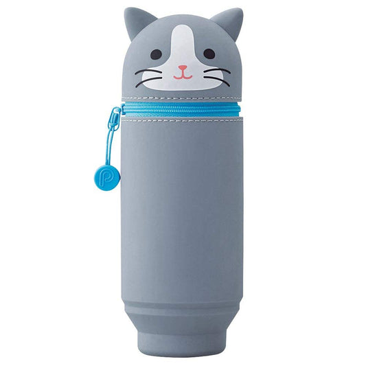LIHITLAB Kawaii Japanese Cat Large Stand Up Pencil Case For School Office College, Cute School Supplies, Animal Pen Holder Pencil Pouch Holder Girls, Artist Pencil Case, Gray Cat (A7714-4)