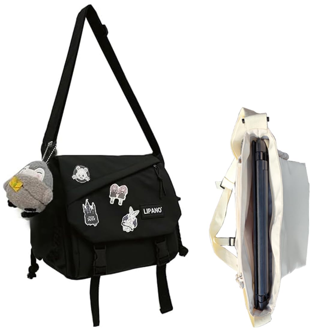 Aesthetic Crossbody laptop Bag, 15.6 Inch laptop messenger bag for women men, Cute Shoulder Bag with Cute Pins and Ornament Black
