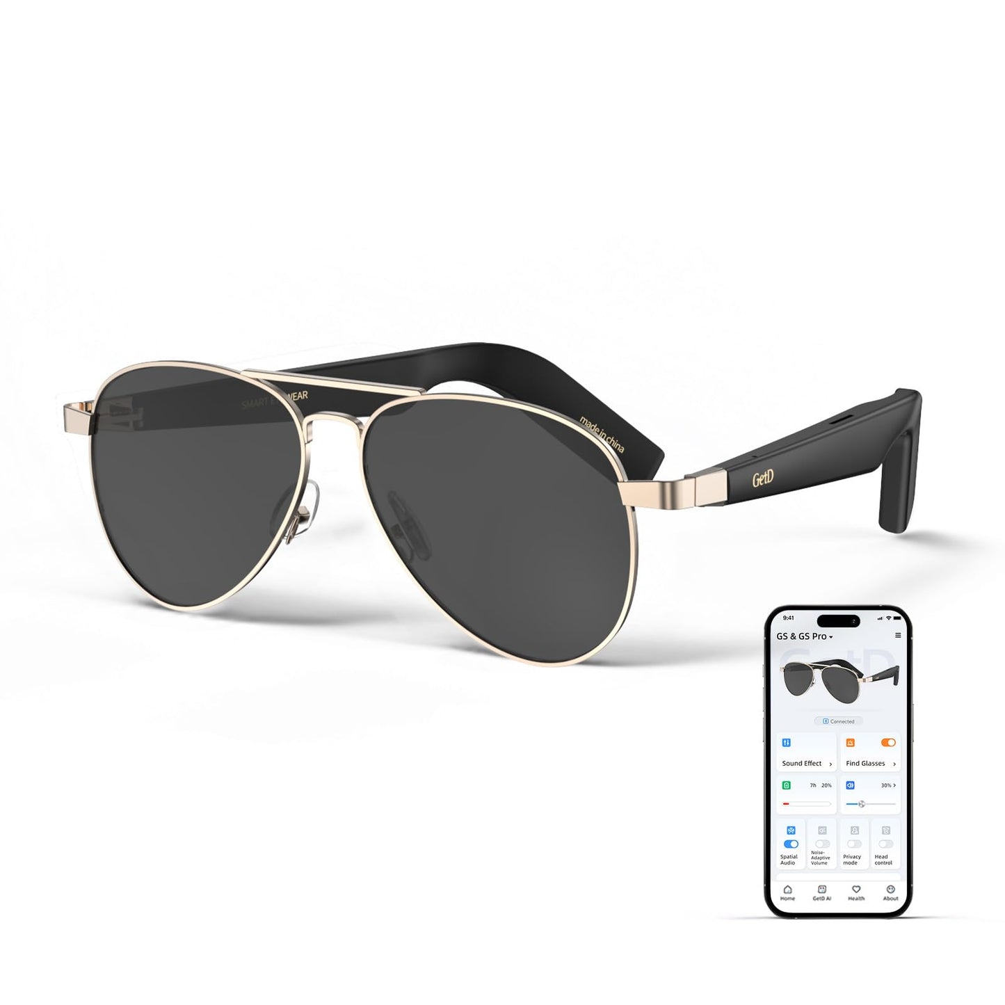 GetD AI Smart Glasses for Men Women with Classic Aviator, Nylon Polarized Bluetooth Sunglasses, Smart Sunglasses with ChatGPT AI Translation with for 145 Languages