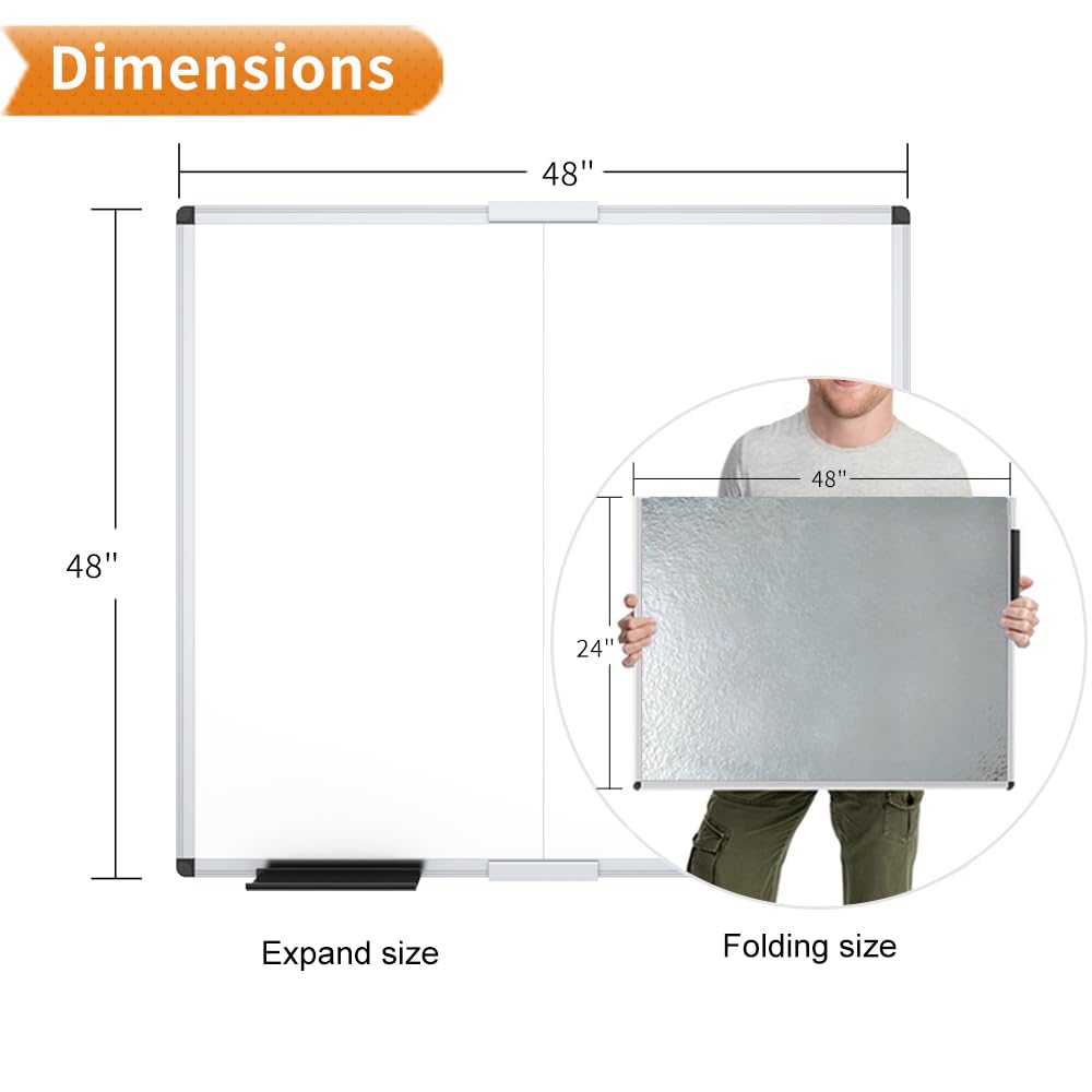 VIZ-PRO Magnetic Foldable Whiteboard, 48 x 48 Inches, Dry Erase Wall Mounted Board for School Office and Home
