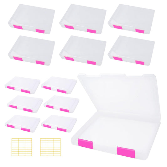 Olutacot 12 Pcs Clear A4 A5 File Box Document Plastic Storage Box with 48 Labels File Holder Organizer Paper Plastic Case Magazine Protector with Buckle Office School Supplies(Pink)