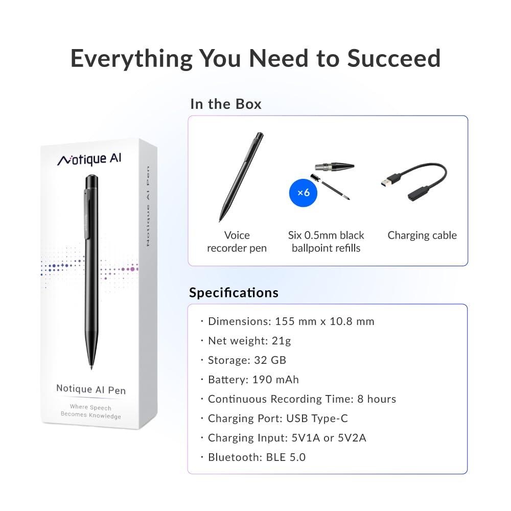 Notique AI Pen | Pocket AI Voice Recorder | Audio Recorder | Discreet Recording Device | AI Summarize & Transcribe for Multi-File & Meeting Timeline | No Monthly Fees