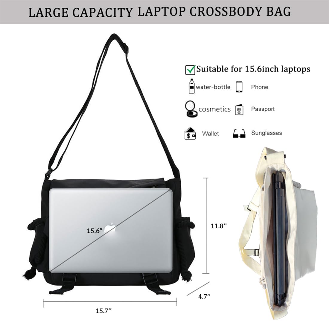 Aesthetic Crossbody laptop Bag, 15.6 Inch laptop messenger bag for women men, Cute Shoulder Bag with Cute Pins and Ornament Black