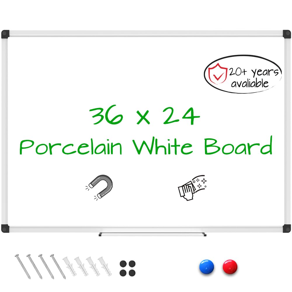 XBoard Porcelain Magnetic Dry Erase Board 36 x 24 Inch, Porcelain Whiteboard with Aluminium Frame & Marker Tray 3' x 2' | Wall Mounted Magnetic White Board for Home School Office