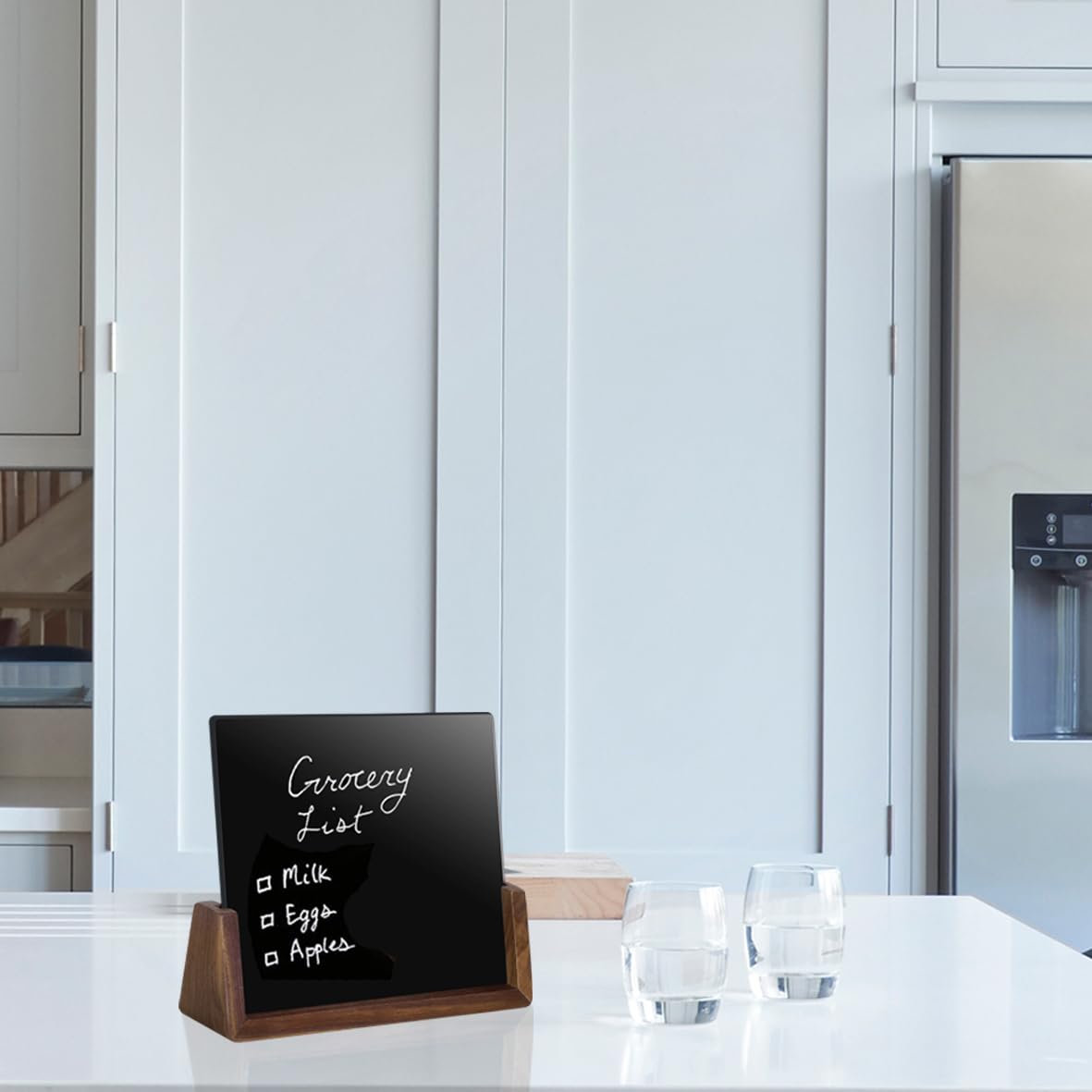 Desktop Glass Whiteboard with Walnut Wood Base,Small Dry Erase Board, Black Writing Note Pad, Desk White Board,Glassboard for Tabletop Display(Walnut Base,Glass)