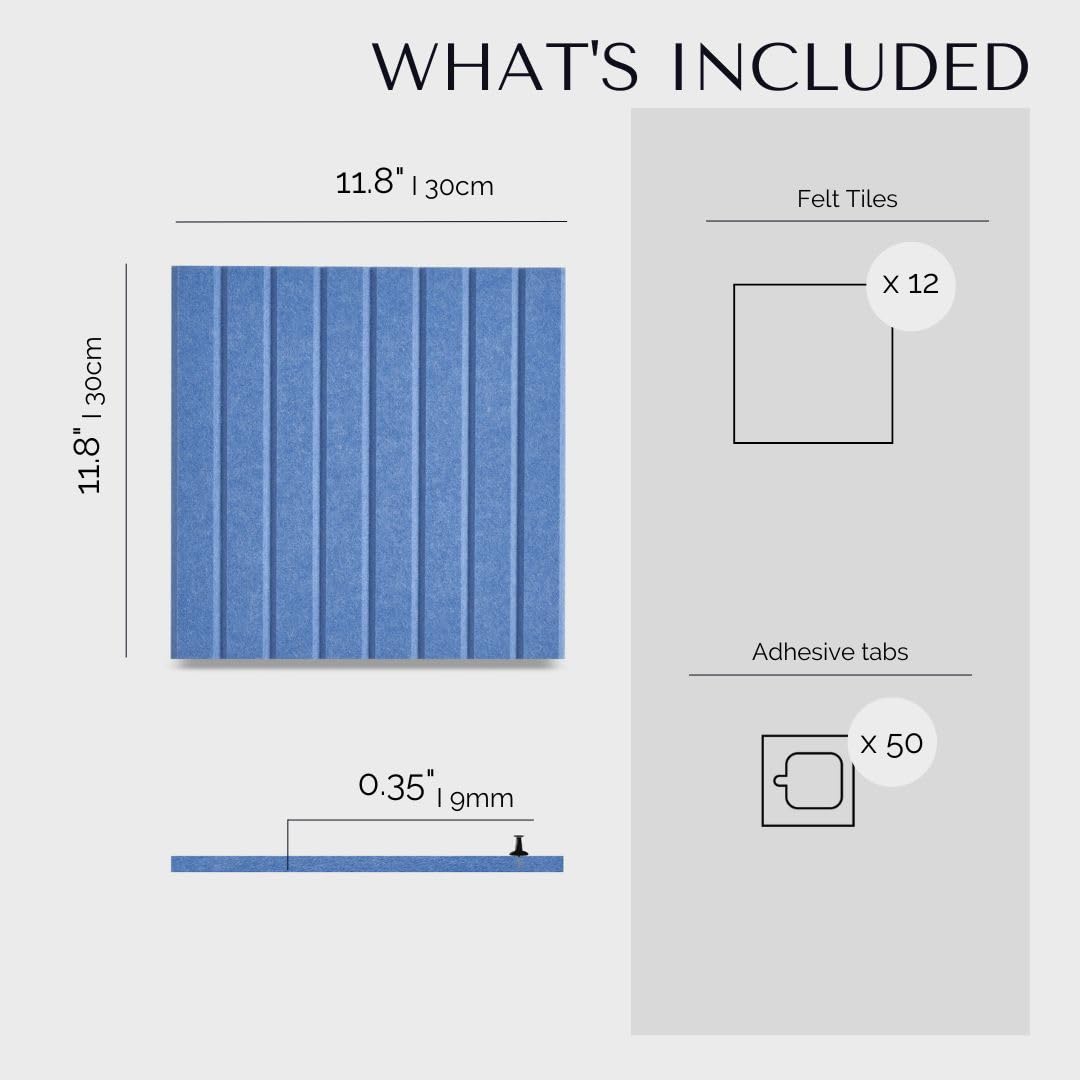 VIVELDA Felt Bulletin Board Tiles 48"x36" -12-Pack Cork Board Alternative, OEKO-TEX Certified, NRC 0.95 Acoustic Wall Panels, Damage-Free Adhesive, Slatted Design, Home Office, Classroom (Pastel Blue)