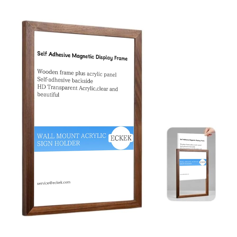 ECKEK Wall Mount Acrylic Sign Holder Self Adhesive Magnetic Display Frame Clear Document Frame for Office, Store, School, Home, Wall Picture Frame (Walnut A4 210×297mm/8.27×11.69inches)