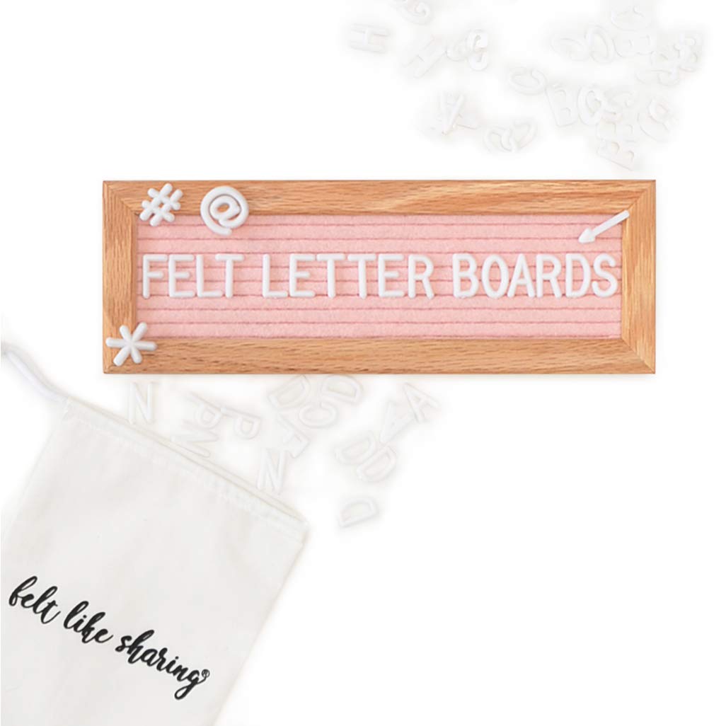 Felt Like Sharing Small Letter Board (Light Pink Felt - 10”x3.5”) – Changeable Message Board with 3 Sets of Felt Board Letters for Home & Aesthetic Room Decor – Wall Letterboard Signs In Oak Frame