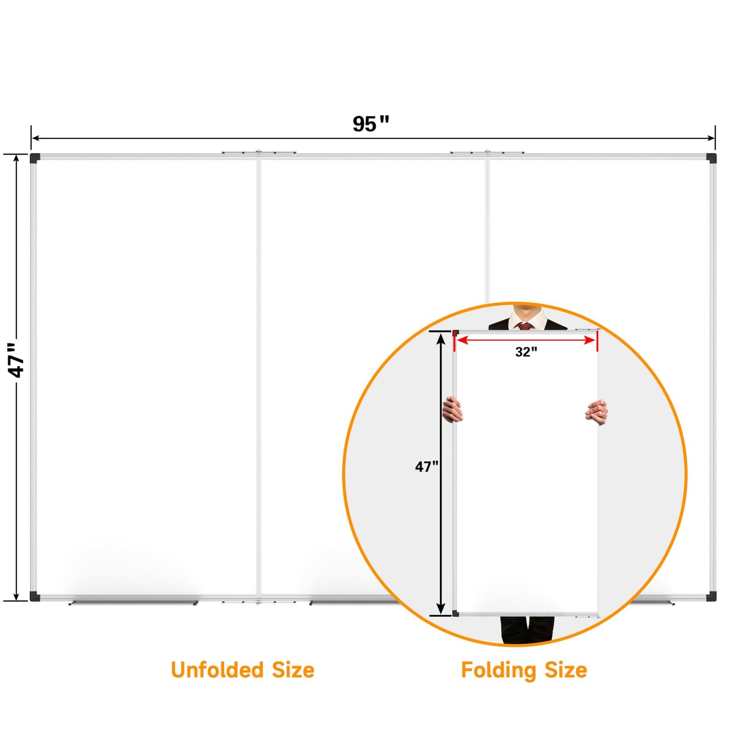 XBoard Extra Large Magnetic Whiteboard 96 x 48 Inch, Giant Foldable Dry Erase White Board with Aluminium Frame & Marker Tray 8' x 4' | Wall Mounted Tri Folding Message Presentation Board