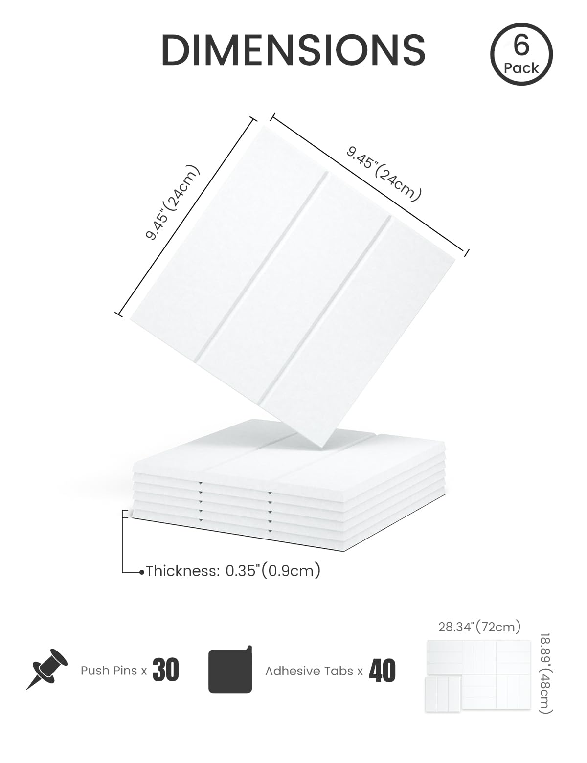 Felt Bulletin Board Tiles -28"x18" with 40 Adhesive Tabs, Cork Board Alternative for Office Decor, Push Pin Board Wall Organizer 6-Pack (Cold White)