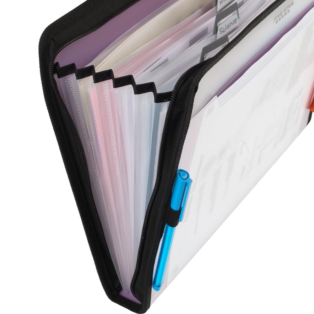 Five Star 7 Pocket Expanding File Organizer + Study App, Plastic Expandable File Folders with Customizable Tabs & Clear Cover, Holds 8-1/2" x 11", Zipper Closure, Amethyst Purple (351700G)