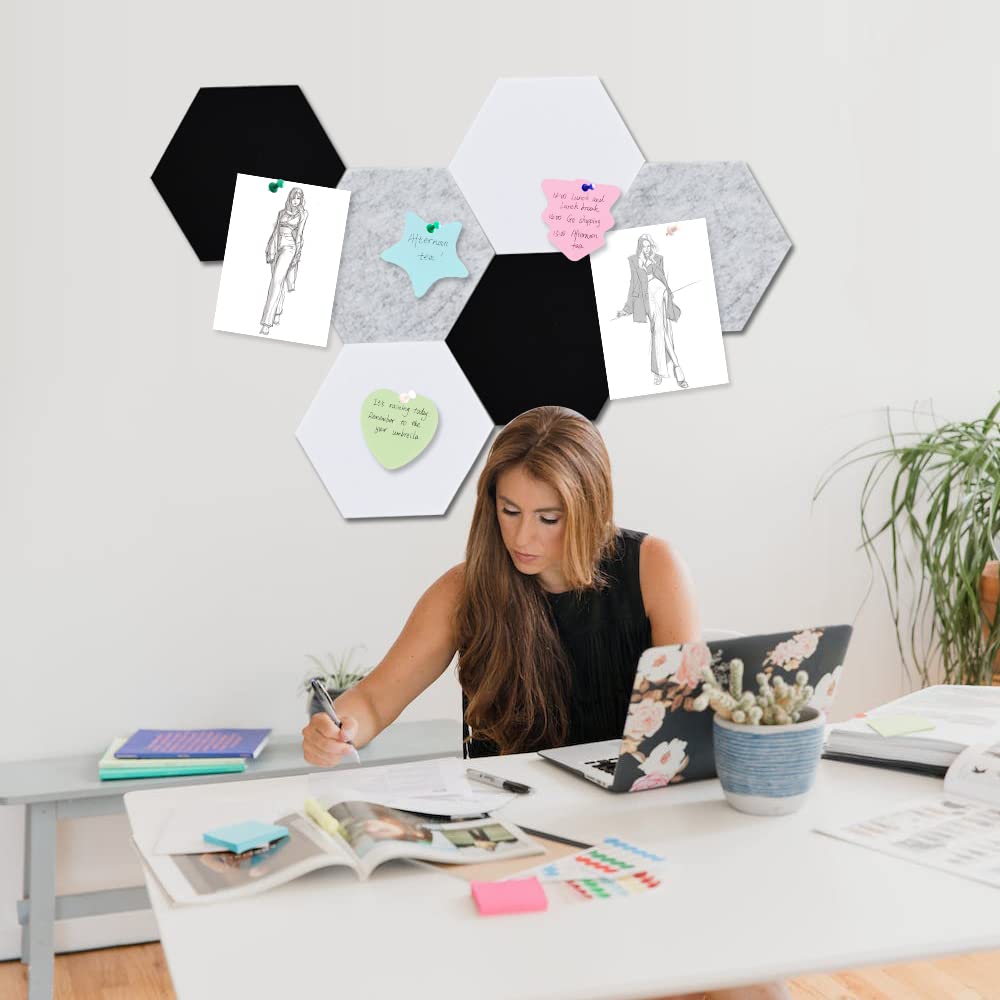 Vuzvuv 6 Pcs Hexagon Bulletin Board with 50 Pushpins & Sticky Note Adhesive Cork Board for Wall，Felt Pin Board for School，Office Decor（Black White Grey）