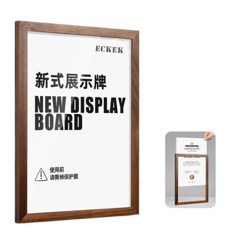 ECKEK Wall Mount Acrylic Sign Holder Self Adhesive Magnetic Display Frame Clear Document Frame for Office, Store, School, Home, Wall Picture Frame (Walnut A4 210×297mm/8.27×11.69inches)