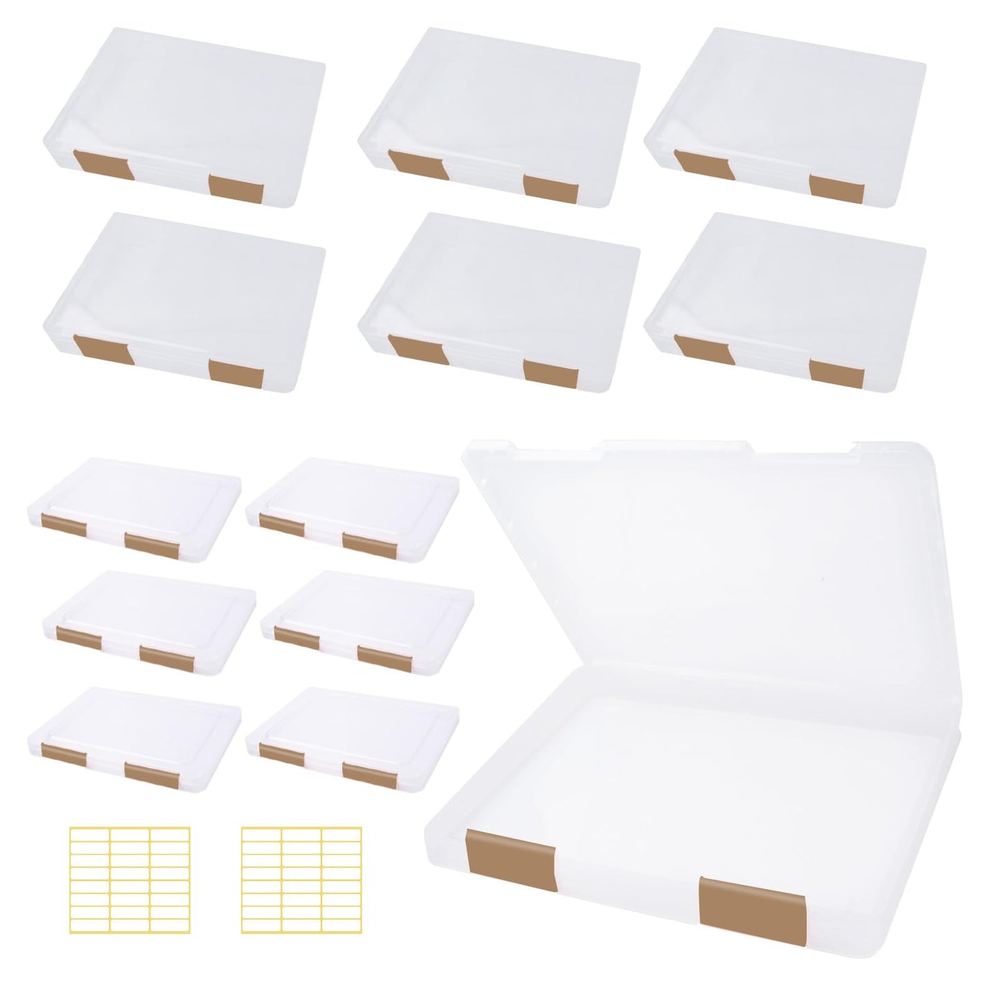 Olutacot 12 Pcs Clear A4 A5 File Box Document Plastic Storage Box with 48 Labels File Holder Organizer Paper Plastic Case Magazine Protector with Buckle Office School Supplies(Brown)