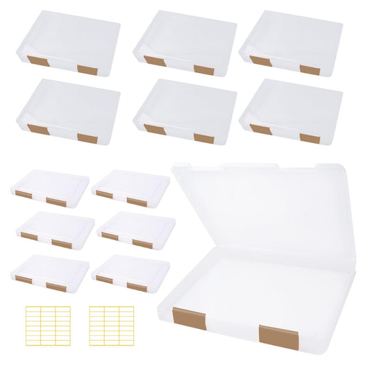 Olutacot 12 Pcs Clear A4 A5 File Box Document Plastic Storage Box with 48 Labels File Holder Organizer Paper Plastic Case Magazine Protector with Buckle Office School Supplies(Brown)