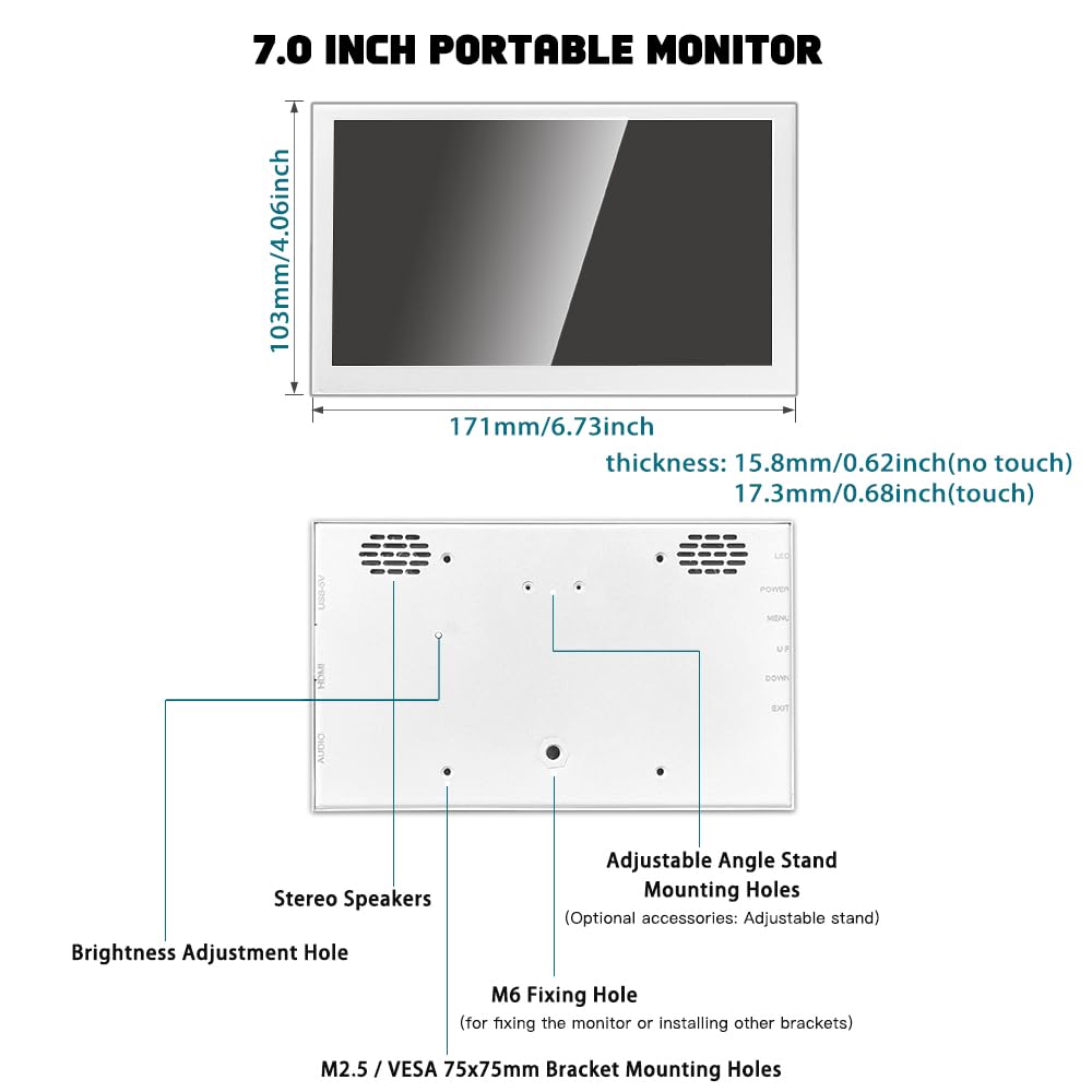 LESOWN Small Monitor 7 inch 1024x600 IPS Capacitive Touch 7" HDMI Wide Screen Portable LCD Display with Speakers for Raspberry Pi Laptop White