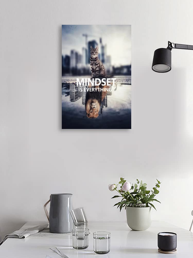 Inspirational Animal Cat And Lion Mindset is Everything Inspirational Wall Art Canvas Print Artwork Frame Decoration Modern Home Decoration Living Room Bedroom Ready to Hang[12''W X 18''H]