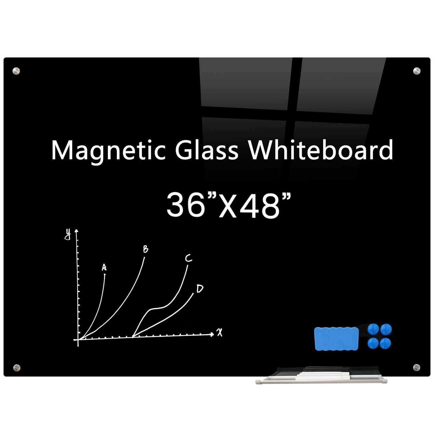 Magnetic Glass Black Board 48"x36" Glass Dry Erase Blackboard Tempered Glass Whiteboard Wall Mounted for Office School Home (Black)