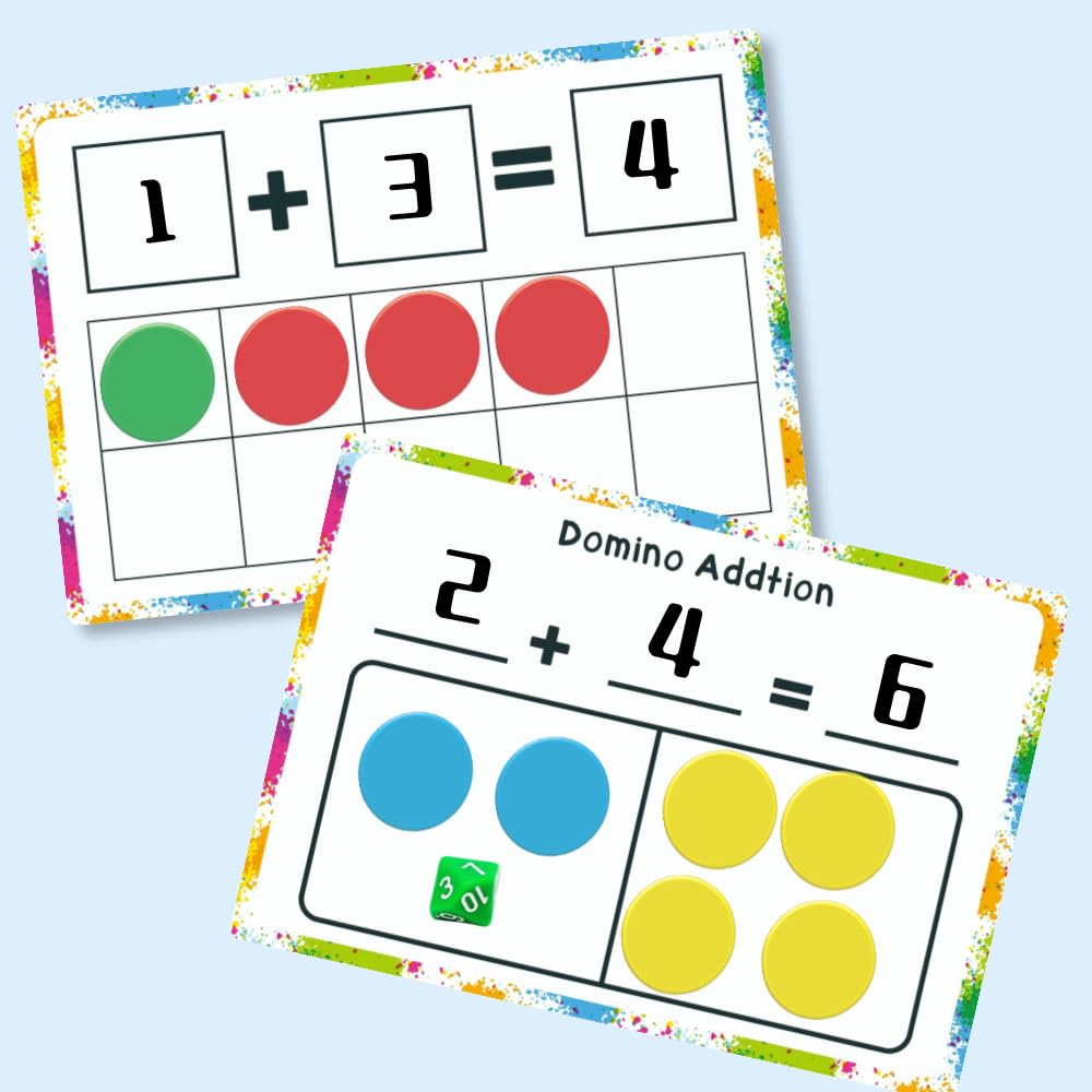 Math Task Boxes Set of 5 Math Manipulatives Themes 230+ Pieces of Number Rods, Base Ten Blocks, Ten Frame Disc Counters, Place Value Blocks, 0-9 Numbers, 3D Shapes, Activity Cards (Disc Counters)