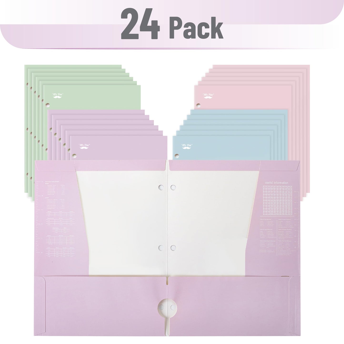 Mr. Pen- 4-Pocket Folders, 24 Pack, 12.5" x 9.5", Pastel Colors, Tear-Resistant Paper Folders Bulk with Pockets 3 Holes Punched, High Capacity, Includes Rulers and Conversion Charts for School