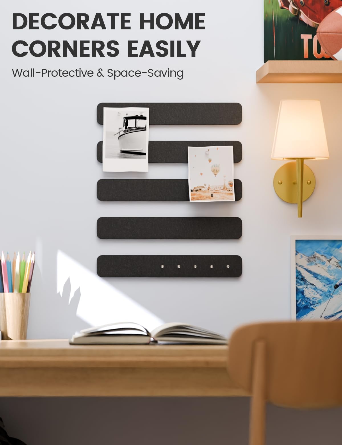 Fluxynara Cork Board Alternative Felt Strip Board 5-Pack 13"x2", Office Pin Board with 35 Push Pins, Adhesive Install for Bedroom Door & Home Office (Black)