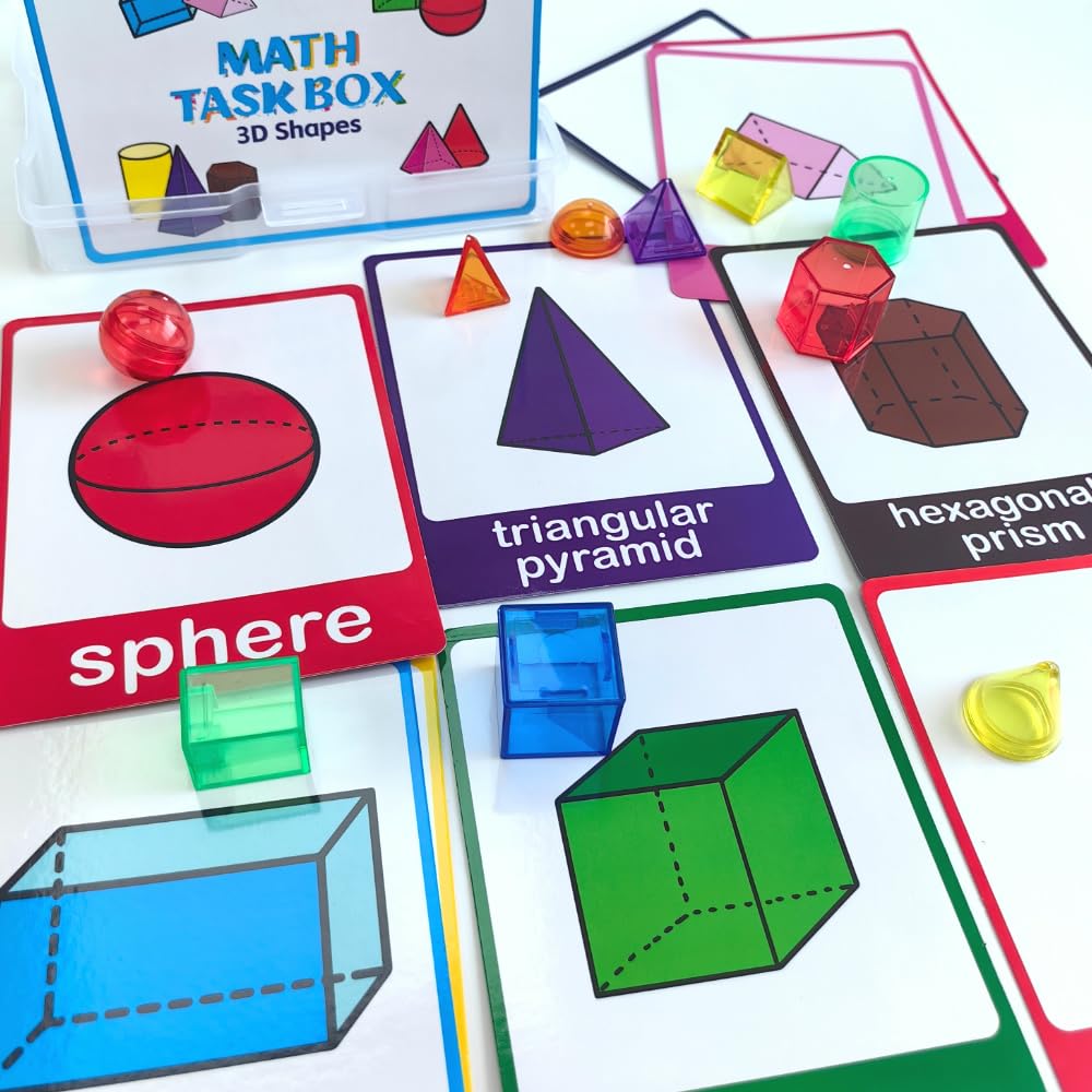 Math Task Boxes Set of 5 Math Manipulatives Themes 230+ Pieces of Number Rods, Base Ten Blocks, Ten Frame Disc Counters, Place Value Blocks, 0-9 Numbers, 3D Shapes, Activity Cards (3D Shapes)