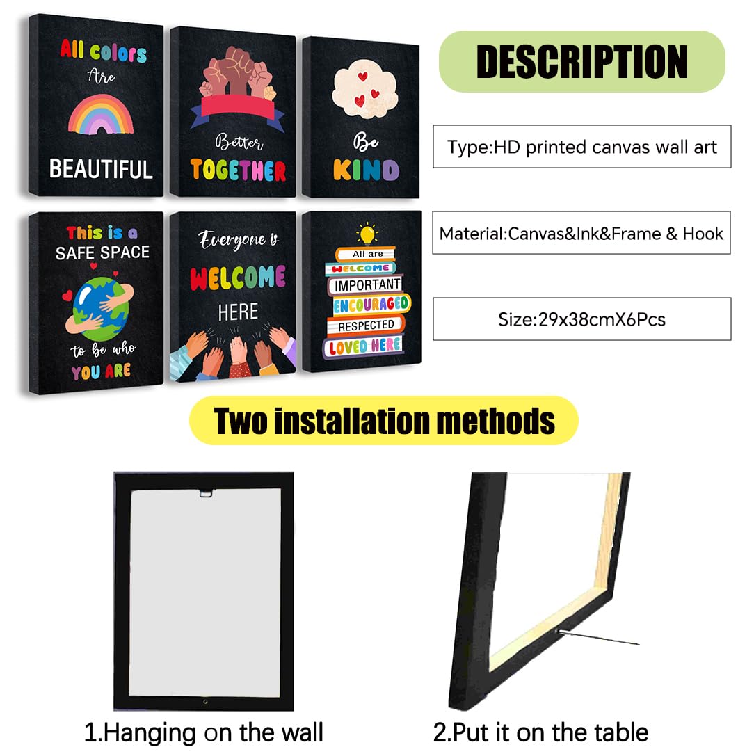 Diversity for Classroom Decorations Canvas Wall Art Decoration,Kindness Diversity ,Teacher for Elementary Classroom DecorLiving Room Canvas Wall Art,Home Deco,Tabletop/Hanging，6-pack(29 x 38 cm) framed
