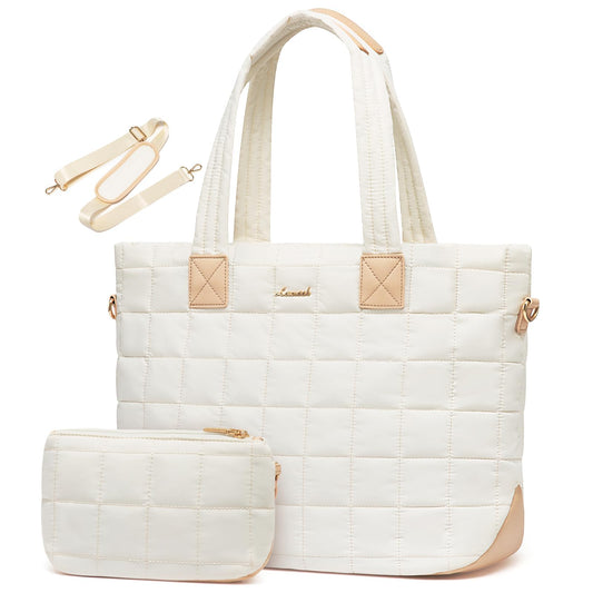 LOVEVOOK Laptop Tote Bag for Women, 15.6 Inch Large Puffer Work Computer Tote Bags for Teacher Nurse, Quilted Women's Purse Tote Shoulder Handbags with Zipper for Travel College Office Gym, Beige