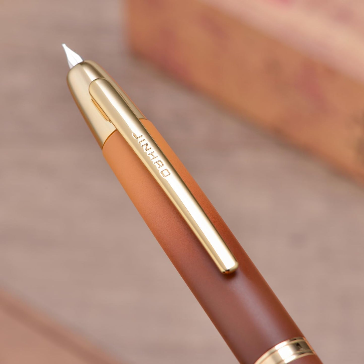 Jinhao 10 Press Fountain Pen with Box, Caramel Orange Gradient Retractable Extra Fine Nib with Ink Converter Set (Golden Clip)