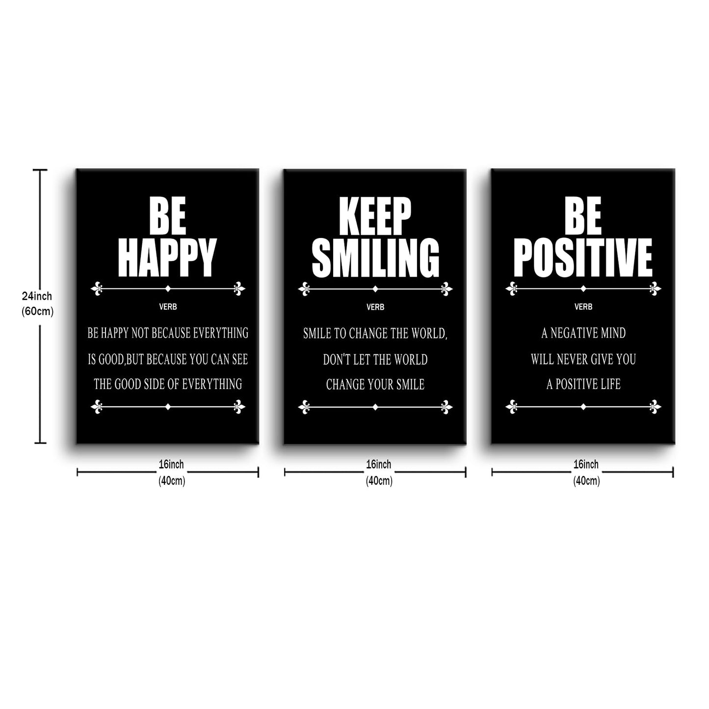 YSPCSUN Triptych Wall Decor Inspirational Posters for Office, Black White Be Happy Positive Quote 3 Panel Canvas Prints for Home Office Dorm Classroom, 48x24 Inch Display